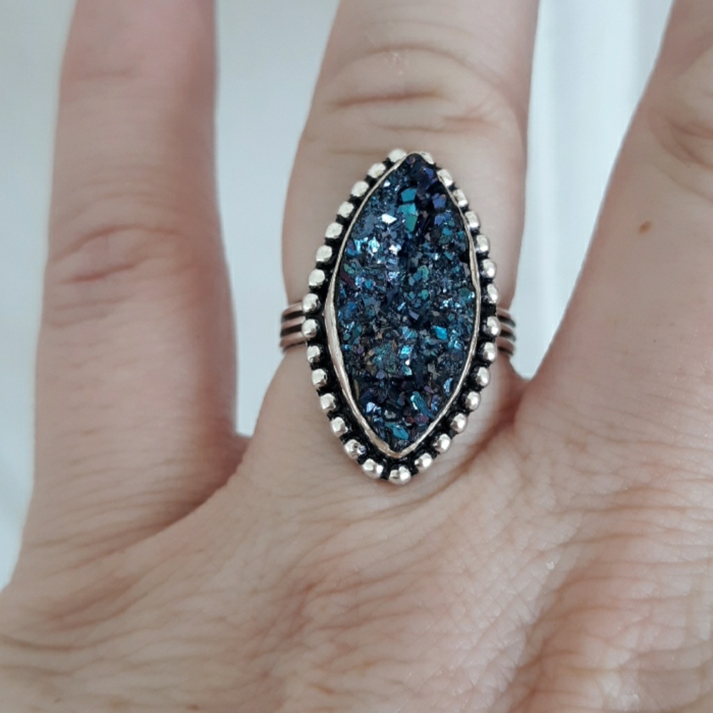 New Titanium Druzy 925 Silver Ring.
